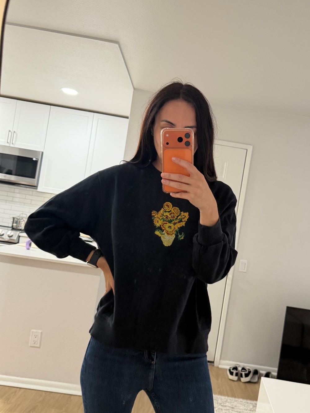 Zara Sunflowers Graphic Crewneck Sweater - Black